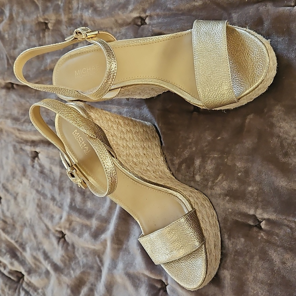 Michael Kors Gold Leather Wedge Sandals